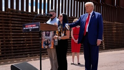 Republican presidential nominee former President Donald Trump comforts Alexis Nungaray and Joamel Guevara, mother and uncle of Jocelyn Nungaray, during an event along the southern border with Mexico, Thursday, Aug. 22, 2024, in Sierra Vista, Ariz. (AP) Republican presidential nominee former President Donald Trump comforts Alexis Nungaray and Joamel Guevara, mother and uncle of Jocelyn Nungaray, during an event along the southern border with Mexico, Thursday, Aug. 22, 2024, in Sierra Vista, Ariz. (AP)