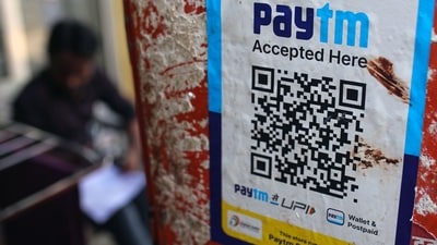 Paytm share price today: A QR code for the Paytm digital payment system at a store in Mumbai. (Bloomberg) Paytm share price today: A QR code for the Paytm digital payment system at a store in Mumbai. (Bloomberg)