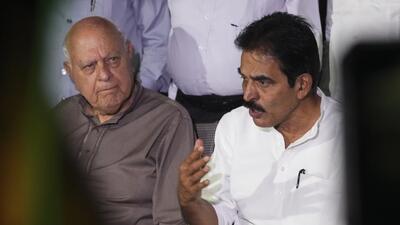 NC president Farooq Abdullah and Congress general secretary KC Venugopal during a press conference in Srinagar. (PTI) NC president Farooq Abdullah and Congress general secretary KC Venugopal during a press conference in Srinagar. (PTI)
