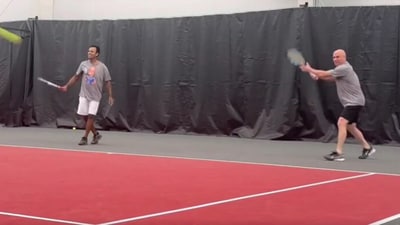 Vivek Ramaswamy and Andre Agassi attend tennis practice as partners. (@VivekGRamaswamy/X) Vivek Ramaswamy and Andre Agassi attend tennis practice as partners. (@VivekGRamaswamy/X)