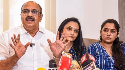 File photo of Siddique with actors Jomol and Ananya addressing the media on the Justice Hema Committee report, in Kochi on August 23, 2024. (PTI) File photo of Siddique with actors Jomol and Ananya addressing the media on the Justice Hema Committee report, in Kochi on August 23, 2024. (PTI)