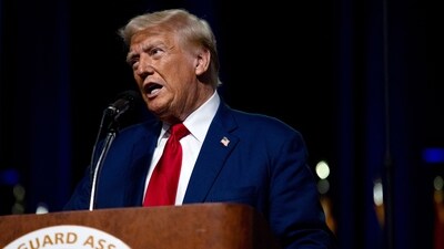 DETROIT, MICHIGAN - AUGUST 26: Republican presidential nominee, former U.S. President Donald Trump speaks during the National Guard Association of the United States' 146th General Conference & Exhibition at Huntington Place Convention Center on August 26, 2024 in Detroit, Michigan. Michigan's importance to the Trump re-election campaign has become front and center as he marks his eighth visit to the state this year, including an additional event in Eaton County on August 29th.   Emily Elconin/Getty Images/AFP (Photo by Emily Elconin / GETTY IMAGES NORTH AMERICA / Getty Images via AFP) (Getty Images via AFP)