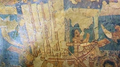 The design of the 'stitched ship' is based on the mural of a 4th century ocean going ship at the Ajanta Caves. (Murali K Menon) The design of the 'stitched ship' is based on the mural of a 4th century ocean going ship at the Ajanta Caves. (Murali K Menon)
