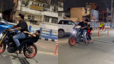 The woman fell of the bike after the stunt was performed. (Instagram) The woman fell of the bike after the stunt was performed. (Instagram)