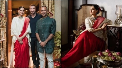 This is not the first time Sonam has chosen a unique blouse to style her saree. While hosting a dinner party for David Beckham at her house, Sonam wore a sindoori red Shibori saree, which she paired with a white Jamdani kaftan from Studio Medium. It has a V neckline, an asymmetric hem, and full-length sleeves cascading into floor-length trains on the side. (Instagram) This is not the first time Sonam has chosen a unique blouse to style her saree. While hosting a dinner party for David Beckham at her house, Sonam wore a sindoori red Shibori saree, which she paired with a white Jamdani kaftan from Studio Medium. It has a V neckline, an asymmetric hem, and full-length sleeves cascading into floor-length trains on the side. (Instagram)