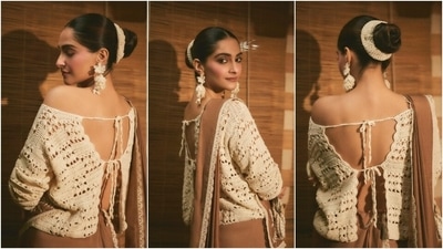 The nine yards feature scalloped crochet embroidery on the borders and the pallu. Sonam wore the saree in Gujarati style, pleating the pallu over her shoulder and in front of her bodice. (Instagram) The nine yards feature scalloped crochet embroidery on the borders and the pallu. Sonam wore the saree in Gujarati style, pleating the pallu over her shoulder and in front of her bodice. (Instagram)