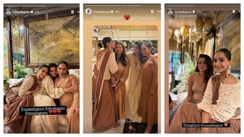 Masaba Gupta with Sonam Kapoor and Rhea Kapoor at her intimate baby shower. Masaba Gupta with Sonam Kapoor and Rhea Kapoor at her intimate baby shower.