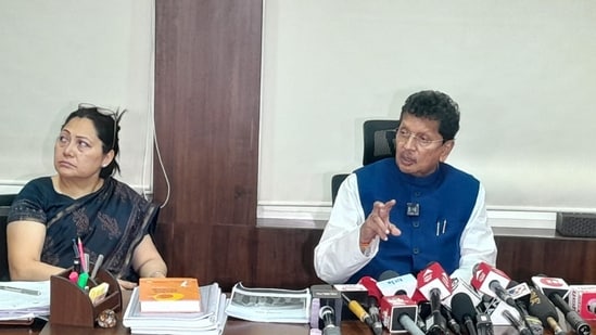 School education minister Deepak Kesarkar with AS Kundan, principal secretary, school education. HT Photo