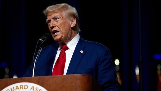 DETROIT, MICHIGAN - AUGUST 26: Republican presidential nominee, former U.S. President Donald Trump speaks during the National Guard Association of the United States' 146th General Conference & Exhibition at Huntington Place Convention Center on August 26, 2024 in Detroit, Michigan. Michigan's importance to the Trump re-election campaign has become front and center as he marks his eighth visit to the state this year, including an additional event in Eaton County on August 29th. Emily Elconin/Getty Images/AFP (Photo by Emily Elconin / GETTY IMAGES NORTH AMERICA / Getty Images via AFP) (Getty Images via AFP)
