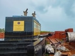 A statue of Chhatrapati Shivaji Maharaj, erected by the Navy and inaugurated by Prime Minister Narendra Modi last year, collapses at Rajkot Fort, in Malvan, Monday. A statue of Chhatrapati Shivaji Maharaj, erected by the Navy and inaugurated by Prime Minister Narendra Modi last year, collapses at Rajkot Fort, in Malvan, Monday.