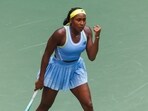 Coco Gauff of The United States hits to Varvara  Gracheva of France on Day One of the 2024 U.S. Open