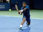 Sumit Nagal, of India, returns a shot to Tallon Griekspoor, of the Netherlands, during a first round match of the U.S. Open Sumit Nagal, of India, returns a shot to Tallon Griekspoor, of the Netherlands, during a first round match of the U.S. Open