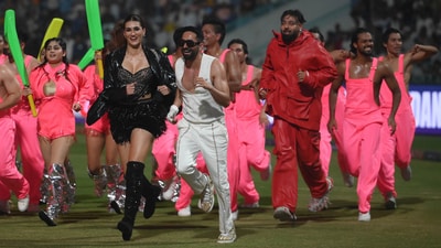 Kriti Sanon, Ayushmann Khurrana and Badshah at the opening ceremony of the Uttar Pradesh Premier League in Lucknow (Deepak Gupta/HT)