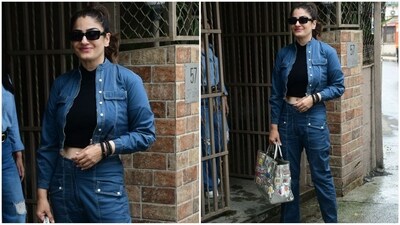 Raveena Tandon is undoubtedly getting more stylish with each passing day, and her latest look proves it. She rocked a denim-on-denim ensemble with a black crop top, paired with a denim jacket and cargo pants. (HT photo/VarinderChawla) Raveena Tandon is undoubtedly getting more stylish with each passing day, and her latest look proves it. She rocked a denim-on-denim ensemble with a black crop top, paired with a denim jacket and cargo pants. (HT photo/VarinderChawla)