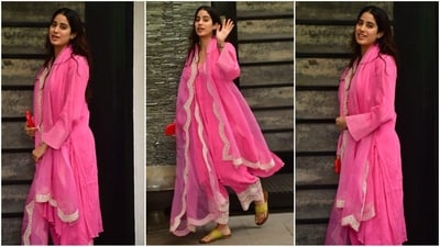 Janhvi Kapoor was spotted in the city looking effortlessly elegant in a simple gulabi suit. (HT photo/VarinderChawla) Janhvi Kapoor was spotted in the city looking effortlessly elegant in a simple gulabi suit. (HT photo/VarinderChawla)