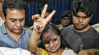 Bharat Rashtra Samithi (BRS) leader K Kavitha shows victory signs as she gets released from Tihar Jail, in New Delhi on Tuesday. (ANI) Bharat Rashtra Samithi (BRS) leader K Kavitha shows victory signs as she gets released from Tihar Jail, in New Delhi on Tuesday. (ANI)