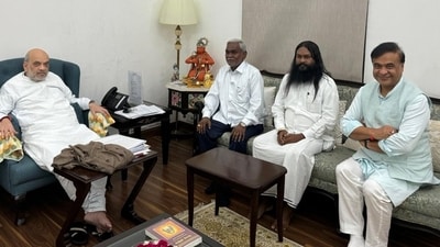 Jharkhand ex-CM Champai Soren with Union home minister Amit Shah and Assam CM Himanta Biswa Sarma. (X/Himanta Biswa Sarma) Jharkhand ex-CM Champai Soren with Union home minister Amit Shah and Assam CM Himanta Biswa Sarma. (X/Himanta Biswa Sarma)