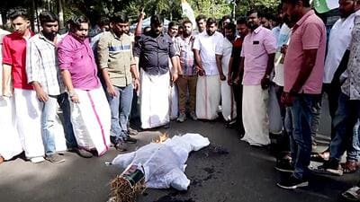 Congress Youth workers burn an effigy during their protest against Kerala film academy chairman Ranjith over the alleged allegations. (ANI Photo) Congress Youth workers burn an effigy during their protest against Kerala film academy chairman Ranjith over the alleged allegations. (ANI Photo)