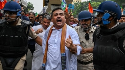 Bharatiya Janata Party (BJP) leader Suvendu Adhikari called out Kolkata police for arresting four students and said court would take action soon (Photo by DIBYANGSHU SARKAR / AFP) (AFP) Bharatiya Janata Party (BJP) leader Suvendu Adhikari called out Kolkata police for arresting four students and said court would take action soon (Photo by DIBYANGSHU SARKAR / AFP) (AFP)