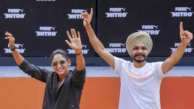 India women's team captain Harmanpreet Kaur and Olympic medallist shooter Sarabjot Singh in New Delhi on Tuesday. (PTI) India women's team captain Harmanpreet Kaur and Olympic medallist shooter Sarabjot Singh in New Delhi on Tuesday. (PTI)