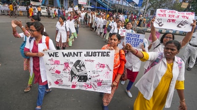 Nurses take part in a protest over the alleged sexual assault and murder of a postgraduate trainee doctor, in Kolkata. (PTI file)