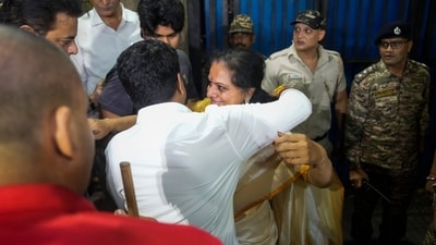 New Delhi: BRS leader K Kavitha walks out of Tihar Jail after the Supreme Court granted her bail in the excise policy case, in New Delhi, Tuesday, Aug. 27, 2024. (PTI Photo/Ravi Choudhary) (PTI) New Delhi: BRS leader K Kavitha walks out of Tihar Jail after the Supreme Court granted her bail in the excise policy case, in New Delhi, Tuesday, Aug. 27, 2024. (PTI Photo/Ravi Choudhary) (PTI)