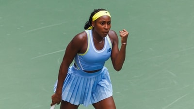 Coco Gauff of The United States hits to Varvara  Gracheva of France on Day One of the 2024 U.S. Open (USA TODAY Sports via Reuters Con)
