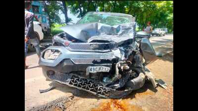 The remains of the car after the accident on Samrala Road in Ludhiana. (HT Photo)