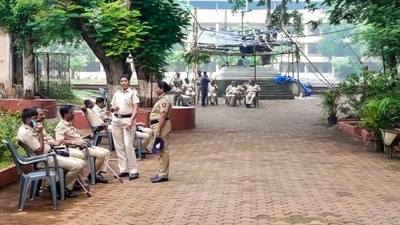 Police personnel deployed at the school in Badlapur a day after massive protests over alleged molestation of two school girls, in Thane district, Thursday, Aug. 21, 2024. (PTI) Police personnel deployed at the school in Badlapur a day after massive protests over alleged molestation of two school girls, in Thane district, Thursday, Aug. 21, 2024. (PTI)