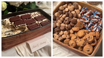 At Masaba Gupta's baby shower curated by Sonam, Rhea and Pooja, the dessert table included a special 'Parle G pudding' and lots of cookies and other sweet treats. At Masaba Gupta's baby shower curated by Sonam, Rhea and Pooja, the dessert table included a special 'Parle G pudding' and lots of cookies and other sweet treats.