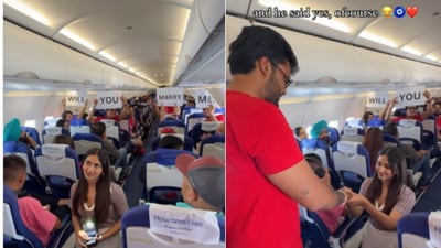 The video shows the woman proposing onboard the IndiGo flight. The video shows the woman proposing onboard the IndiGo flight.