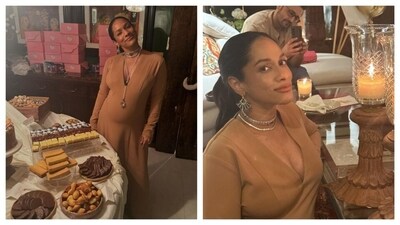 The to-be-mommy wore a light brown gown for her baby shower. Most of the guests were also spotted in brown, beige and cream party looks. The to-be-mommy wore a light brown gown for her baby shower. Most of the guests were also spotted in brown, beige and cream party looks.