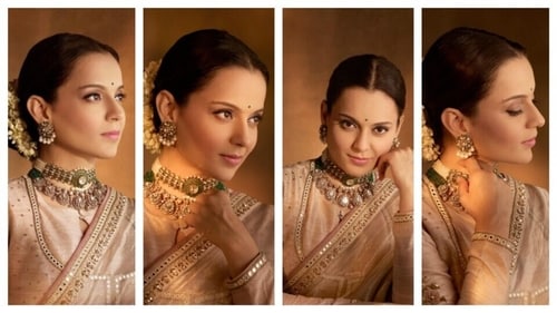 The green accessories added a contrasting freshness to the golden monochrome look. (Instagram/@kanganaranaut)