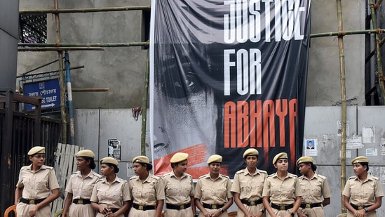 Police personnel stay vigil outside the RG Kar Hospital, where the alleged sexual assault and murder of a postgraduate trainee doctor occurred in Kolkata. (ANI Photo)