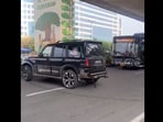 The SUV blocked the way of a running bus while performing stunts on the road. The SUV blocked the way of a running bus while performing stunts on the road.