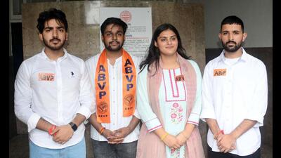 (From left) ABVP joint secretary candidate Jaswinder Rana, general secretary candidate Arav Kumar Singh, presidential pick Arpita Malik and V-P candidate Abhishek Kapoor at Student Centre, Panjab University, on Wednesday. (Ravi Kumar/HT) (From left) ABVP joint secretary candidate Jaswinder Rana, general secretary candidate Arav Kumar Singh, presidential pick Arpita Malik and V-P candidate Abhishek Kapoor at Student Centre, Panjab University, on Wednesday. (Ravi Kumar/HT)