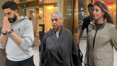 Abhishek Bachchan with Jaya Bachchan and Shweta Bachchan at Mumbai airport.