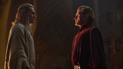 Rings of Power: Charlie Vickers as Sauron (Annatar) and Charles Edwards as Celebrimbor. Rings of Power: Charlie Vickers as Sauron (Annatar) and Charles Edwards as Celebrimbor.