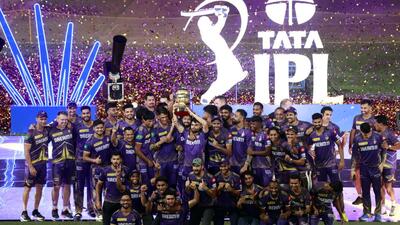 KKR players celebrate after winning the 2024 IPL final at the MA Chidambaram Stadium in Chennai in May. (BCCI)