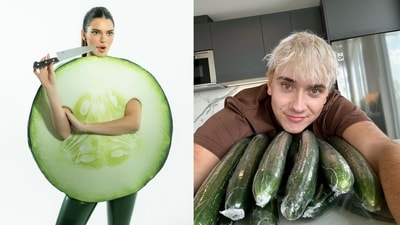 Kendall Jenner dresses up as a cucumber for Halloween; 'Cucumber Guy' Logan Moffitt (Photos: X, Instagram)