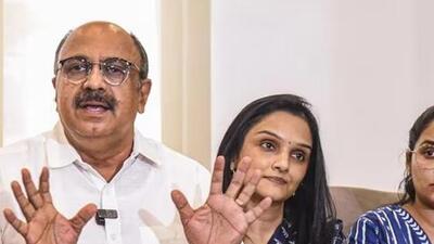 Siddique with actors Jomol and Ananya addressed the media on the Justice Hema Committee report, in Kochi (PTI Photo)