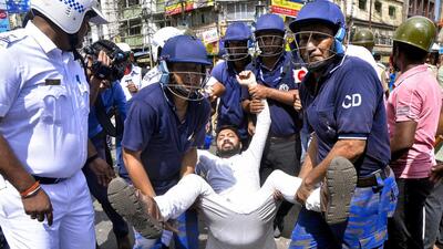 Workers from the BJP workers blocked roads and trains and clashed with the police and Trinamool Congress workers from early morning to enforce the 12-hour state-wide bandh, the second such agitation in two days. (ANI) Workers from the BJP workers blocked roads and trains and clashed with the police and Trinamool Congress workers from early morning to enforce the 12-hour state-wide bandh, the second such agitation in two days. (ANI)