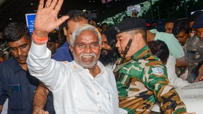 Former Jharkhand chief minister Champai Soren arrives days after meeting with Union Home Minister Amit Shah, at Birsa Munda Airport in Ranchi, Wednesday, Aug. 28, 2024. (PTI)