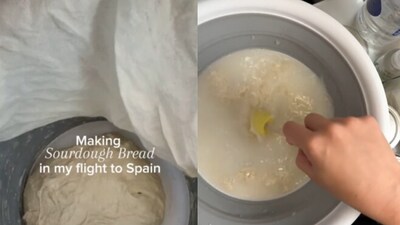 The woman was seen preparing for the bread while being inside the plane. The woman was seen preparing for the bread while being inside the plane.