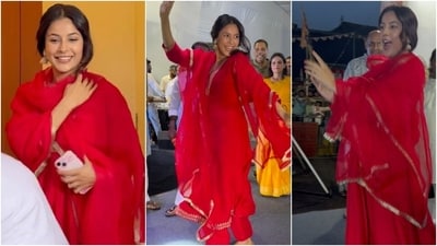 Shehnaaz Gill wears a simple red anarkali and no makeup for a Dahi Handi event. (Instagram) Shehnaaz Gill wears a simple red anarkali and no makeup for a Dahi Handi event. (Instagram)