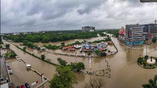 A flooded area after heavy rainfall in Vadodara on Tuesday. (PTI)
