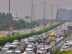 Traffic congestion at Delhi-Gurugram expressway near Signature Tower flyover in Gurugram. (Parveen Kumar | HT Photo)