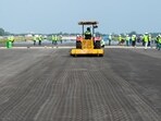 A view of the ongoing construction work at Noida International Airport in Jewar, Greater Noida, on Thursday. (Sunil Ghosh/HT Photo)