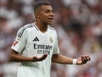 Real Madrid's Kylian Mbappe reacts during the match against Real Valladolid