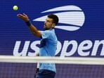 Novak Djokovic (SRB) serves against Laslo Djere (SRB)(not pictured) in a men's singles match on day three of the U.S. Open